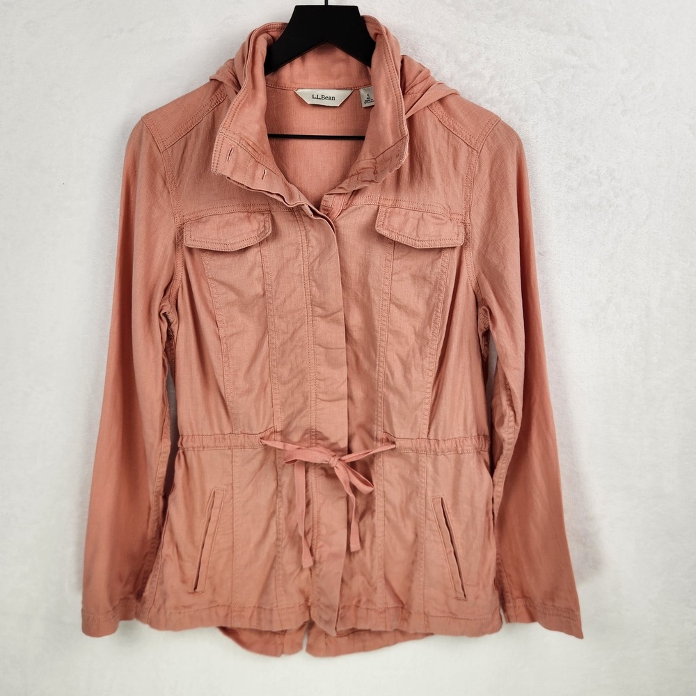 LL Bean Utility Field Jacket Women Small Pink Linen Blend Hooded Outdoor Coastal